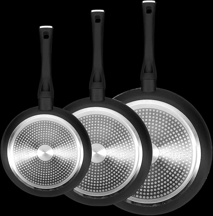 Non-stick fry pans fitted with SS 430 induction base plates manufactured by Jagruti Steels