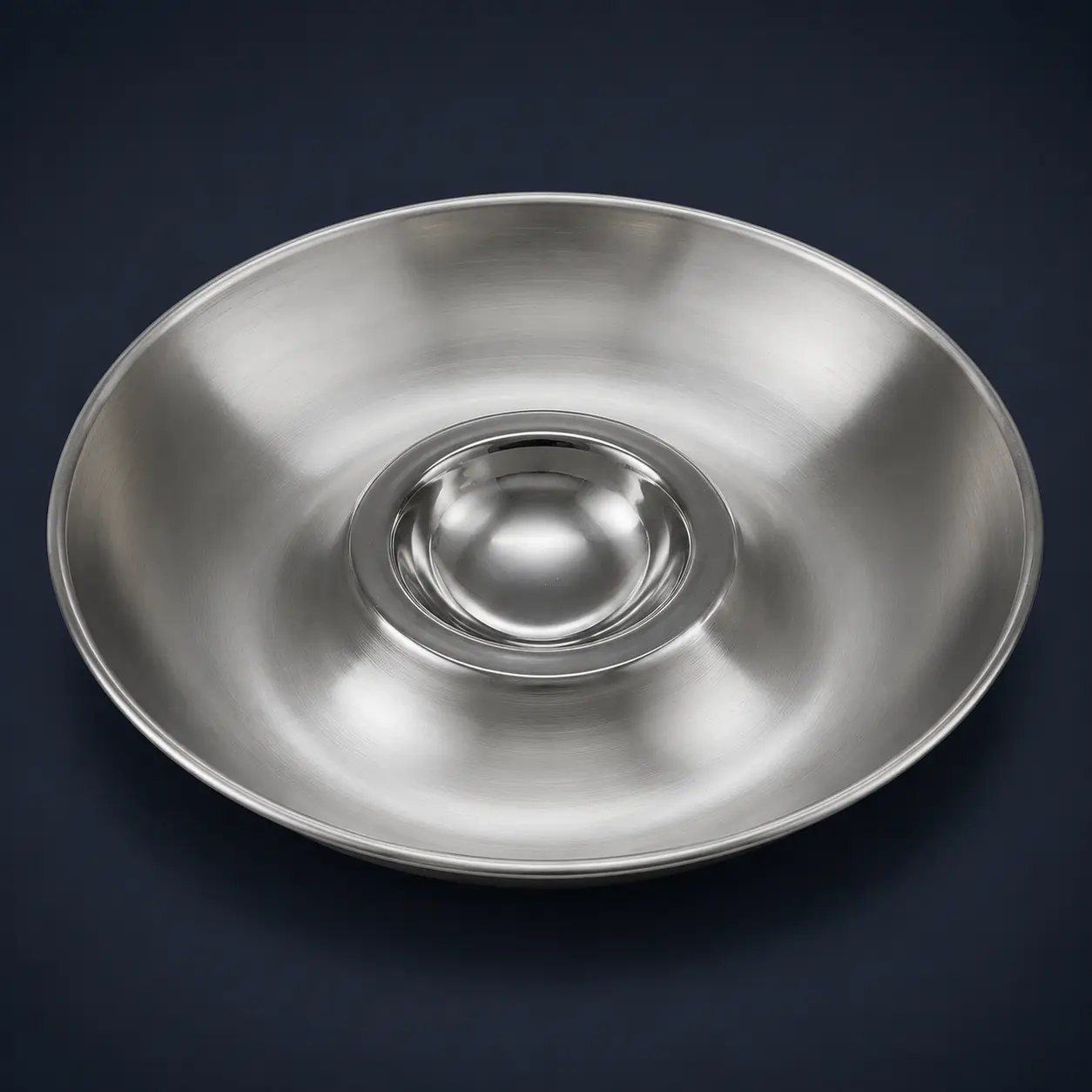 Stainless steel snack and dip platter with integrated centre bowl